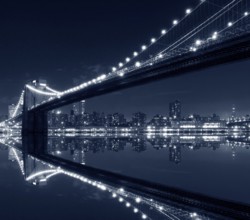 New York City, Brooklyn Bridge with reflections on water
