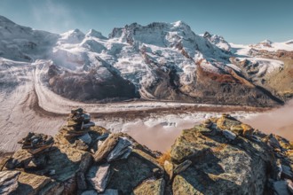 Panoramic view of the Gorner Glacier and Monte Rosa mountain range in Switzerland