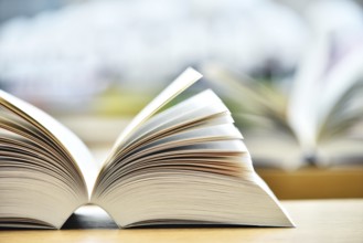 Books lying on the table in the public library