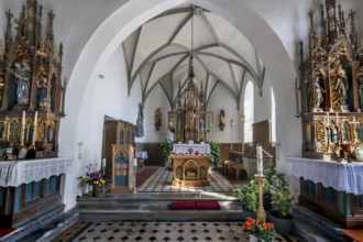 Main altar and side altars, Church of St. Blasius in Diepolz, Allgäu, Bavaria, Germany, Europe
