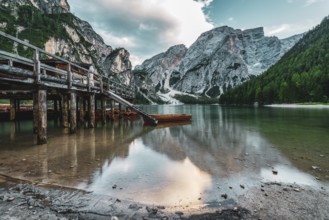 Panoramic view of Lake Braies in the Dolomites, Italy, Europe