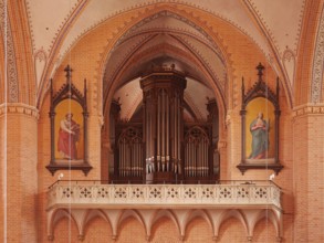 View of the gallery and organ in the church of St Bartholomäi Demmin. Mecklenburg-Western