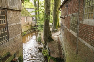 A narrow stream flows between two old houses and a large tree, ootmarsum, Netherlands