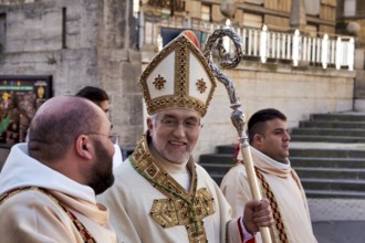 Religious procession to the cathedral of Caltagirone. Sicily Italy. The archbishop of Caltagirone