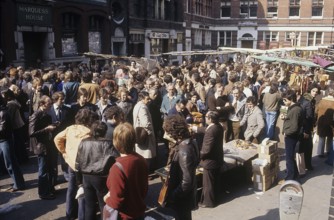 London 1982. A London street view and Portobello road where people are seen walking and shopping