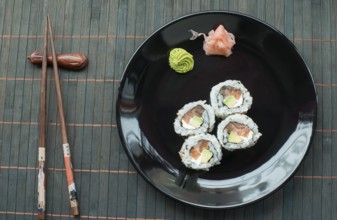 Plate of sushi in restaurant