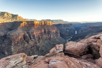 Evening light with view from Toroweap Overlook into the Grand Canyon with the Colorado River,