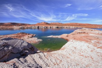 Lake Powell in the U.S. The coast is cut by narrow canyons. Grandiose huge lake of artificial