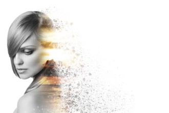 Beautiful woman face in double exposure crushed isolated on white background
