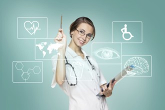 Young female doctor in uniform touch hexagon with icons over gray background. Elements of this