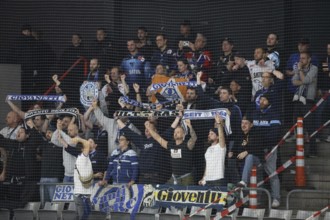 The travelling Ingolstadt fans celebrate the 6:3 victory in Schwenningen after the game of the DEL