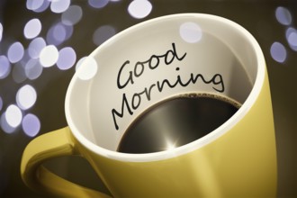 A yellow cup of coffee with surprise text Good Morning 3d illustration