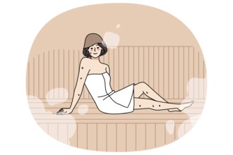 Happy young woman in towel relax in sauna enjoy bodycare procedures. Smiling girl rest in bathhouse