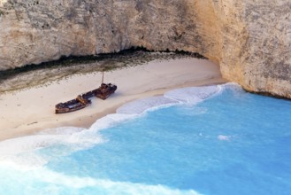 Stranded ship on the island of Zakynthos, Greece, wreck, shipwreck, beach, bay, rocks, Ionian Sea,