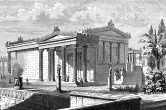 Reconstruction of the Erechtheion or Erechtheum, an ancient Greek temple on the north side of the
