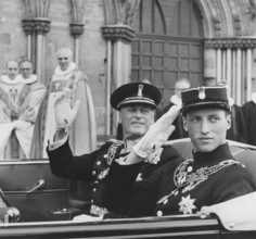 King Harald of Norway. Pictured with his father King Olav V on the day of his coronation becoming