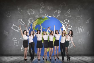 Businesspeople in the gray room and big earth behind . Elements of this image furnished by NASA