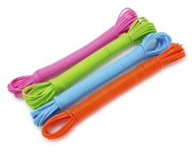 Hanks of colorful plastic linen ropes, over white