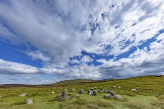 Druids Circle, stone circle in wide landscape with pastures in the mountains, Penmaenmawr,