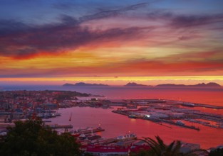 Vigo skyline and port sunset in Galicia of Spain