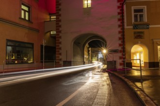 Archway of the Schwammerlturm, traces of light, night shot, Leoben, Styria, Austria, Europe