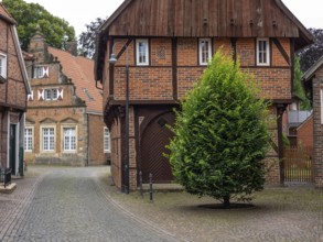 Narrow cobbled alley with charming brick houses, Legden, münsterland, germany