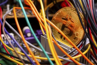 Virtual cryptocurrency money Bitcoin golden coin on a computer printed circuit board PCB surrounded