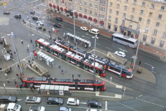 Bird's eye view of station square with trams and car traffic, Nuremberg, Middle Franconia,
