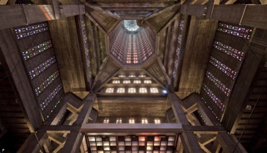 Interior view of the tower from above, coloured glass window by Marguerite Huré, St., Sankt, Saint