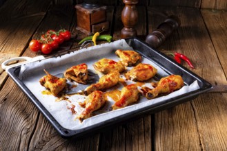 Rustic backed chicken wings, legs on baking tray