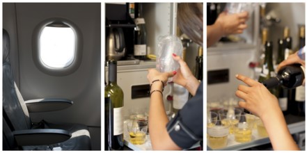 Passenger seat in an airplane. Stewardess poured drinks. Tree images