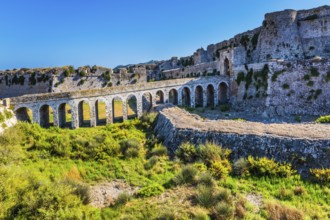 Venetian fort castle Methoni on the Greek Peninsula Peloponnese. The picturesque ancient viaduct