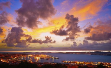 Vigo skyline and port sunset in Galicia of Spain