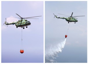 Helicopter extinguish fire with water tank