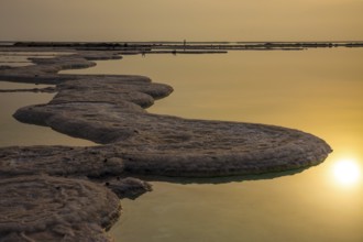 Cloudy winter cool day. Sunrise over the Dead Sea. The foggy sun is reflected in the smooth surface