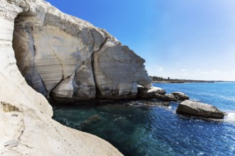 Magnificent color of sea water - from turquoise to dark blue. Grottoes Rosh a Nikra - geological