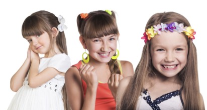 Group of little happy girls isolated in white background