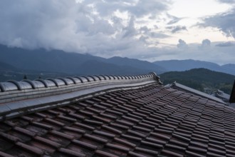 View of the sunset over the rooftops, Magome, Gifu, Japan, Asia