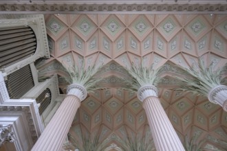 View of columns, dome and parts of the organ loft in Leipzig's Nikolaikirche. Leipzig, Saxony,