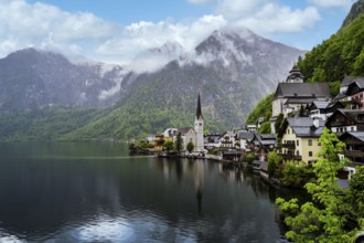 A view of Hallstatt in Austria with lake and mountains