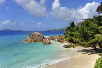 Rocks on Anse Patates beach, La Digue Island, the Seychelles, Indian Ocean