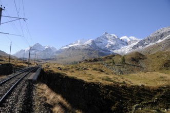 Bernina railway line via the Hospitz to Posciavo. Bernina railway tracks since 100 years connecting