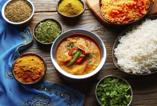 Chicken Jalfrazy indian food recipe with spices and rice on wood