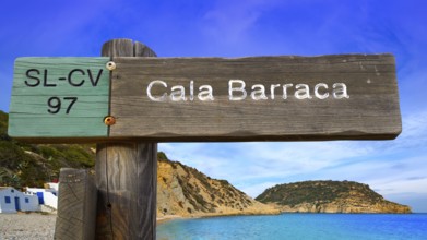 Cala Barraca beach sign in Xabia Javea photomount on background Alicante Spain