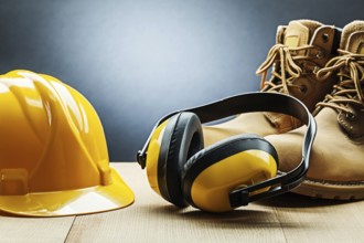Yellow construction earphones helmet and working boots