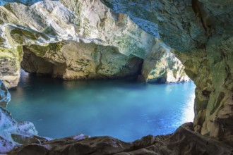 Karst cave Rosh-a-Nikra on the shores of the Mediterranean Sea. Israel. The color of sea water