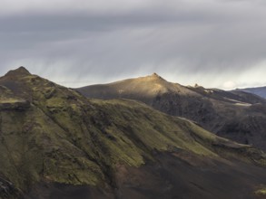 View to the summit from Mount Sveinstindur, volcanic landscape, Icelandic highlands, Iceland,