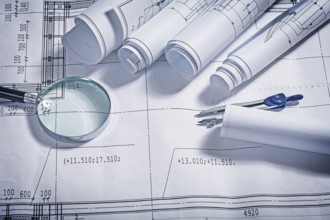 Blueprints magnifer and compass close up