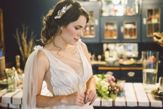 Bride in beautiful dress standing indoors interior at home. Trendy wedding style shot. Wedding