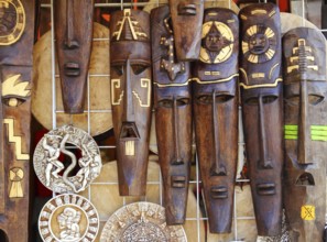 Aztec mayan wooden Mexican indian mask handcrafts in rows